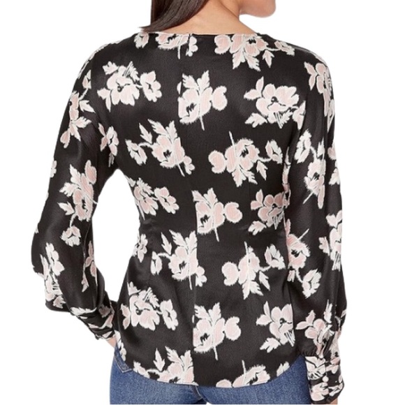 NWT Cinq a Sept Yesenia Black and Pink Floral Print Tie Front Top - Sz M - Picture 2 of 9